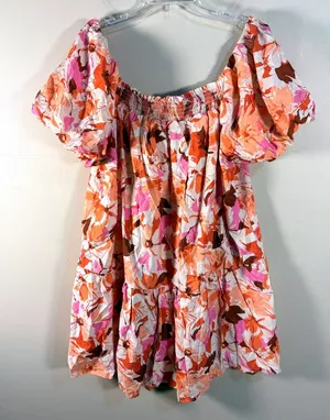 GeeGee Pink Orange Floral Smocked Puff Sleeve Tiered Mini Dress‎ 2XL thumbnail 1