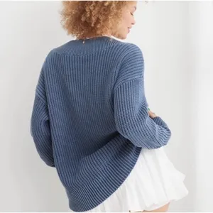 Aerie Sweater Women's Size XS Ribbed V-Neck Oversized Chunky‎ Knit Pullover Blue thumbnail 2