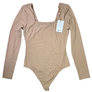 Quince Second Skin Square Neck Long Sleeve‎ Bodysuit Tan Medium CMSL001 NWT thumbnail 1