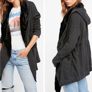 Free People Westwood Velvet Trim Hooded Oversized Cardigan Coat in Black thumbnail 2