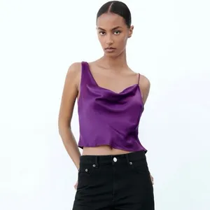 Zara Purple Silk Satin Cowl Neck Drapey Sleeveless Cami Blouse Crop Top Size S thumbnail 2