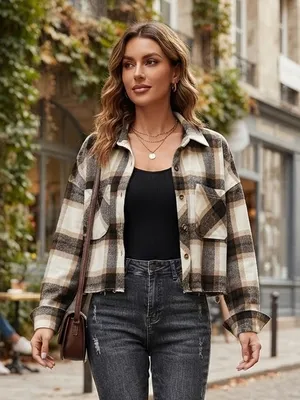 Ci Sono Cropped Plaid Shacket in Cream & Brown thumbnail 1