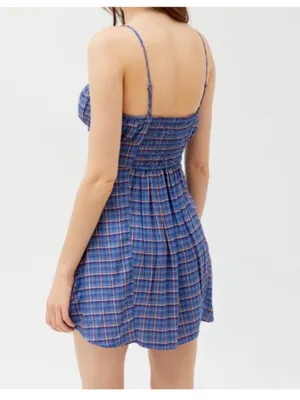 $69 Urban Outfitters Kamaryn Tie Front Plaid Mini Dress NWOT in Blue S thumbnail 5