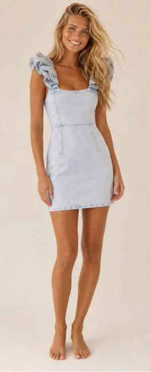 ASOS Design Lightwash Denim Mini Dress Ruffle Strap Coquette Cowgirl Y2K NWT 90s thumbnail 1