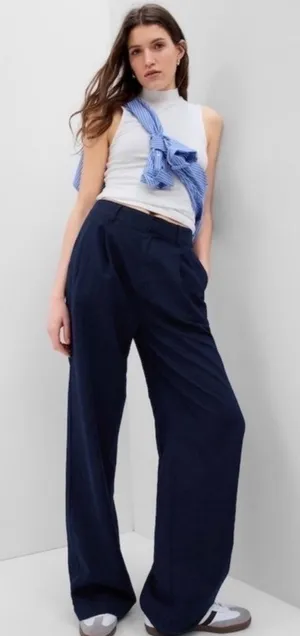 Gap Uniform Linen Pleated Pants 0 Navy Blue Minimal Chic Classic thumbnail 1