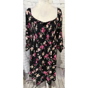 Torrid Black Floral Challis Smocked Long Sleeve Dress Plus Size 2 2X thumbnail 2
