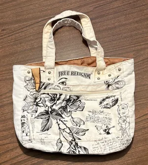 True Religion Canvas Tote Bag Magnetic Closure Floral Buddha Boho thumbnail 1