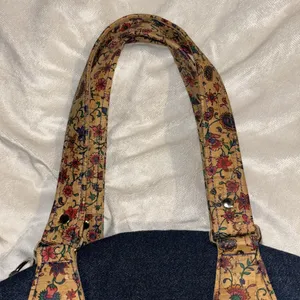 Blue Denim Handbag With Floral Corklike Design On Bottom & Handles Red Interior thumbnail 7