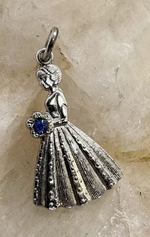 Vintage Sterling Silver Bride Bouquet Charm Blue Glass Stone Dress Pendant 1.8g‎ thumbnail 1