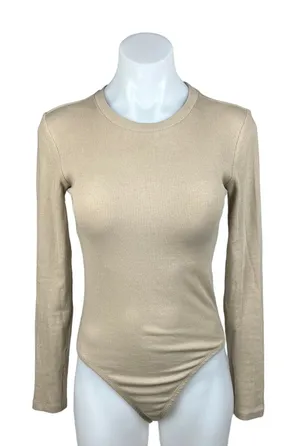 Zara Beige Crew Neck Long Sleeve Stretch Ribbed Knit Fitted Bodysuit Top Size M thumbnail 1