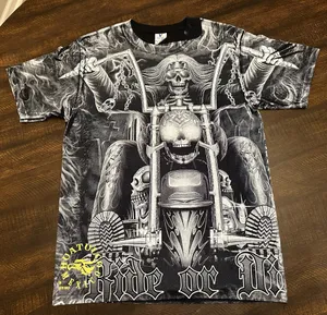 Huatulco Mexico Black Skull Motorcycle AOP Ride or Die Graphic Shirt-Men’s Med thumbnail 1