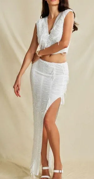 Micas Distressed V-neck Cap Sleeve Crop Top And Slit Maxi Skirt Set thumbnail 1