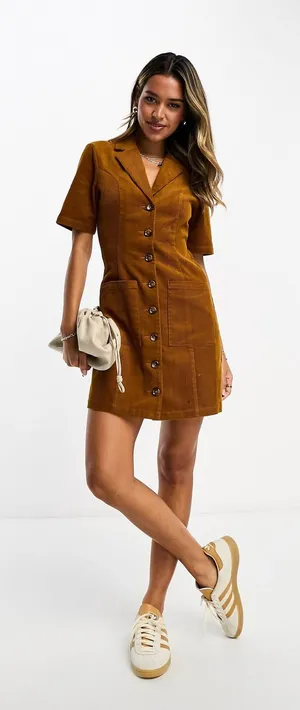 ASOS DESIGN Corduroy Mini Shirt Dress Tobacco‎ Button Front Short Sleeve 4 thumbnail 1