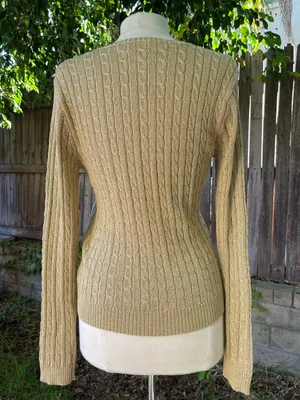 Lauren Ralph Lauren Gold lurex v neck cable knit sweater Xmas holidays luxurious thumbnail 2