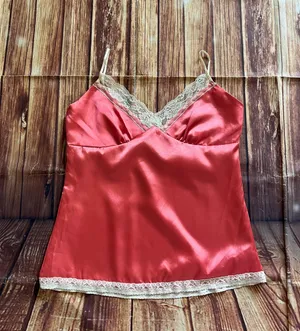 Women Sleeveless V-Neck Spaghetti Straps Peach Satin Camisole Top Size XL thumbnail 3