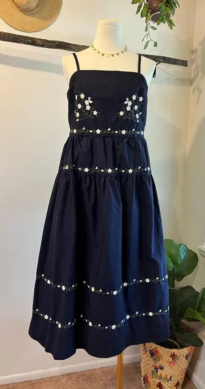 Navy Blue Floral Embroidered Folk Tiered Midi Dress Size Small 100% Cotton thumbnail 1