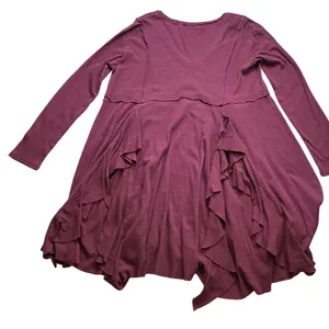 Free People Beach Womens Small Ruffle Tunic Top Long Sleeve Berry Wine V-Neck thumbnail 5