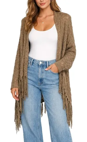 Y2k Miracle City Taupe Open Knit Fringe Longline Duster Cardigan Small Medium thumbnail 1