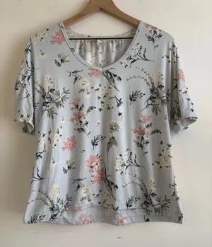 Lucky Brand Pale Blue Floral Short Sleeve Tee with Pink Blooms thumbnail 1