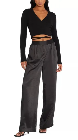 Sanctuary Satin Black High Waist Wide Leg Pants thumbnail 1