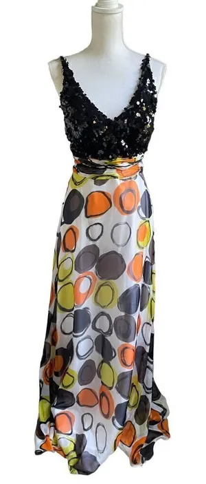 Tony Bowls Dress Size 6 Silk Maxi Y2K Fairy Sequin Beaded Colorful Whimsical 90’ thumbnail 1