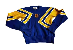 Vintage 80s Dehen 1920 Varsity Sweater Small Blue Yellow Dexter Lions Cheer Wool thumbnail 1