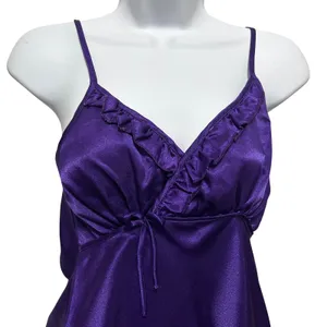 Purple Satin Babydoll Cami Top L Y2K Ruffle Trim Empire‎ Waist Romantic Coquette thumbnail 3