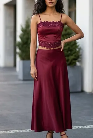 Polka USA Vintage Two-Piece Burgundy Satin Prom Dress Lace-Up Corset Top & Maxi thumbnail 2