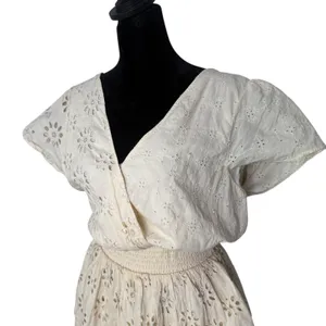 AE Cottagecore BOHO Eyelet Lace Ruffle Tiered Smocked Wrap Mini‎ Dress Size M thumbnail 10