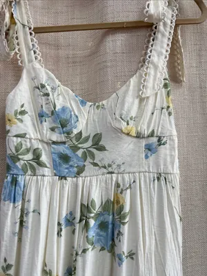 White Blue Yellow Floral Tiered Midi Dress Lace Tie Straps Large thumbnail 8