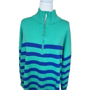 Wiholl Half Zip Mock Neck Sweater Size XL Turquoise Blue Striped Preppy Coastal thumbnail 3