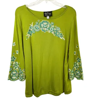 Bob Mackie Large Top Green Floral Embroidered‎ Sweater Bell Sleeve Fairy 1814 thumbnail 1