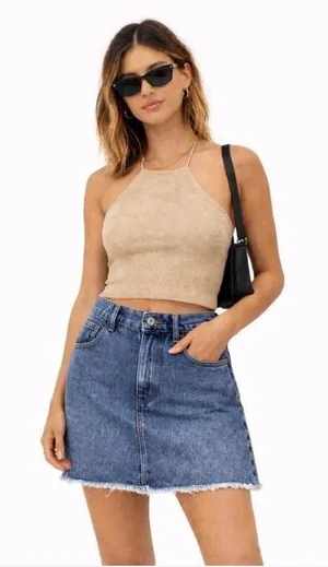 Zara Blue Denim Mini Skirt Raw Hem‎ High Waisted Medium Wash Size 28/M thumbnail 1
