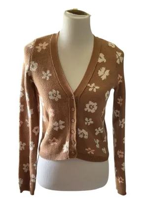 American Eagle Retro Floral Button-Up Crop Cardigan Tan Cream Soft S thumbnail 1