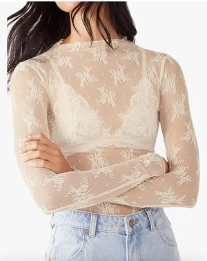 Nude Lace Long Sleeve Top Tan Size M thumbnail 1