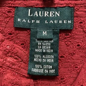 Lauren Ralph Lauren Red Eyelet Button Up Shirt Women Medium Roll Up Sleeve LRL thumbnail 6