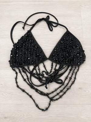 Edikted Women's Beaded Bra Cowl Neck Halter Top Large Black Party Festival thumbnail 1