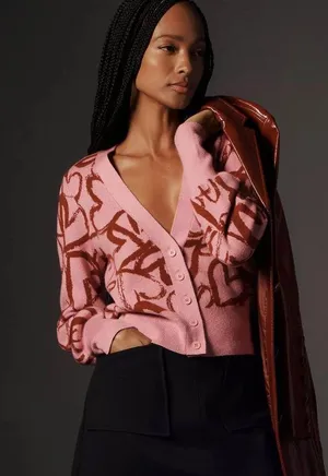 Anthropologie Maeve V-Neck Cardigan Sweater Hearts thumbnail 1