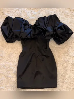 NEW House of CB SELENA Black Satin Puff Off the Shoulder mini Dress sz XS thumbnail 9