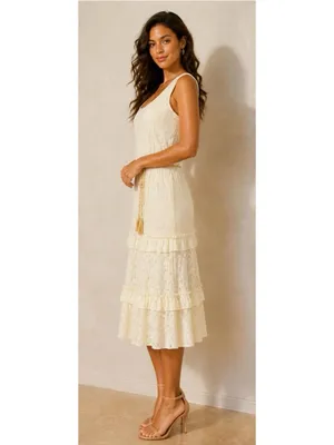 KATE & LILY Elegant Cream Lace Boho Midi Dress Sleeveless Ruffle Sz Medium thumbnail 2