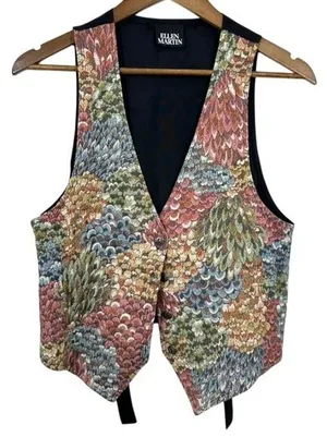 Vintage 90s Tapestry‎ Feather Vest Multicolor Tie Back Grunge Hipster thumbnail 1