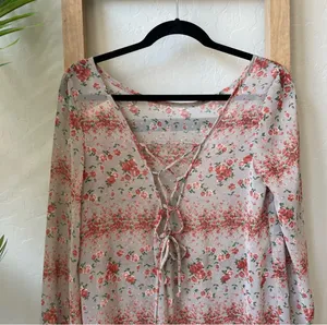Lovely Day Floral Slightly Sheer Boho Long Sleeve Lace Up Back Top Blouse thumbnail 5