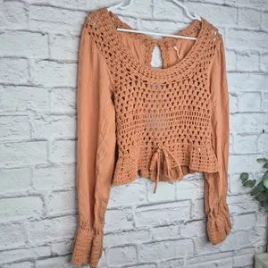 Free People Megan Crochet Peplum Blouse Open Back Boho Top Terracotta Gauze S thumbnail 4