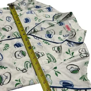 Kate Spade Blue Green Novelty Coffee Print Satin Pajama‎ Top Cozy Feminine XS thumbnail 9