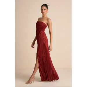 Lulus Poised Performance Rust Red Plisse One-Shoulder Maxi Dress Formal S NWT thumbnail 5