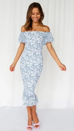 Hello Molly‎ NWT Blessings Midi Dress Blue Floral Off the Shoulder Ruffle Medium thumbnail 1