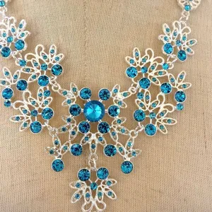 Silver Tone blue Rhinestone Statement Bib Necklace Drop Pendant thumbnail 2