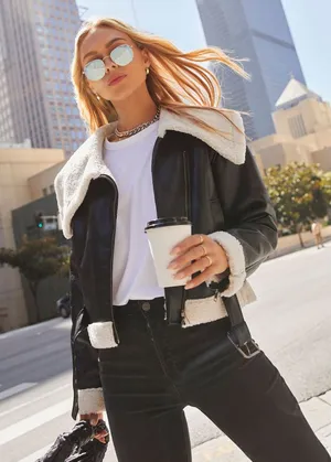 Vici Black Leather Sherpa Jacket  thumbnail 1