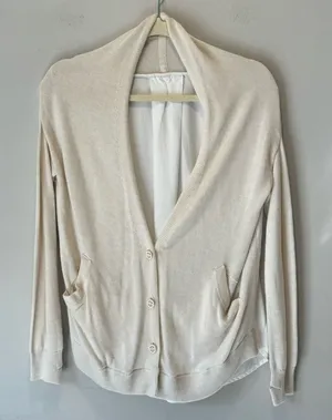Lululemon Athletica Knit Button Down Cardigan Front & Blouse Back‎ Beige White thumbnail 1
