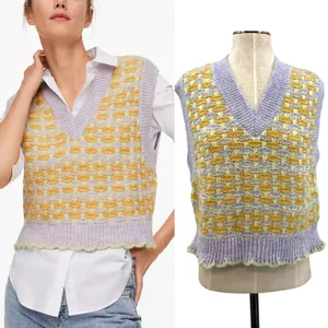 Mango Knit Sweater Vest Scallop Hem Pastel‎ Purple Yellow Size Small thumbnail 2